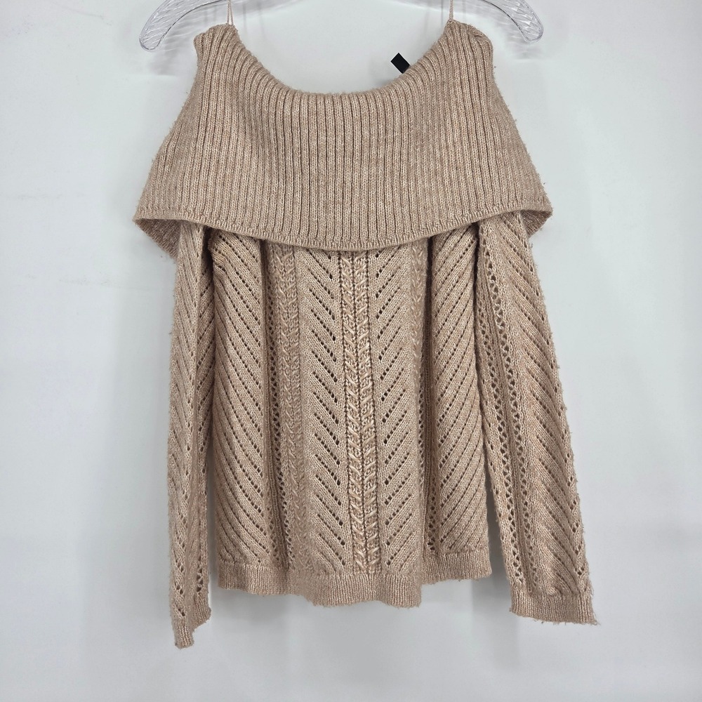 White House Black Market Sweater M Beige Off Shoulder Velvet Bow Romantic Boho